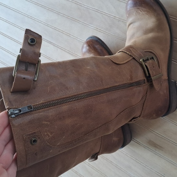 Gianni Bini Leather Buckle Side-Zip midi Mid-Calf High Western Distressed Boots - Picture 8 of 13